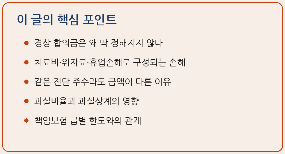 진단 2주 경상 교통사고 합의금이 왜 딱 정해지지 않나 손해 구성과 개별성 이 글의 핵심 포인트 요약 이미지