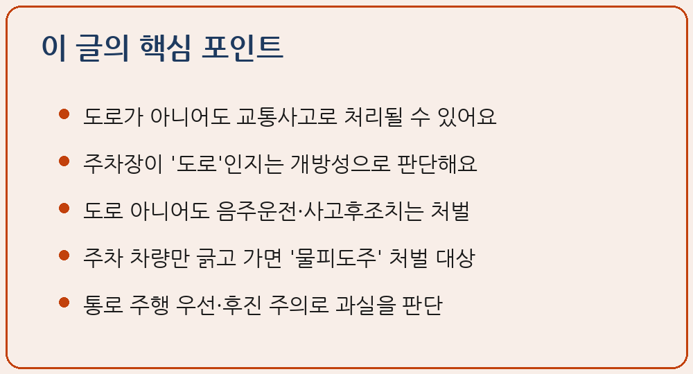 주차장 사고 도로교통법 도로 여부 음주운전 사고 후 조치 물피도주 교통사고처리 특례법 과실비율 이 글의 핵심 포인트 요약 이미지
