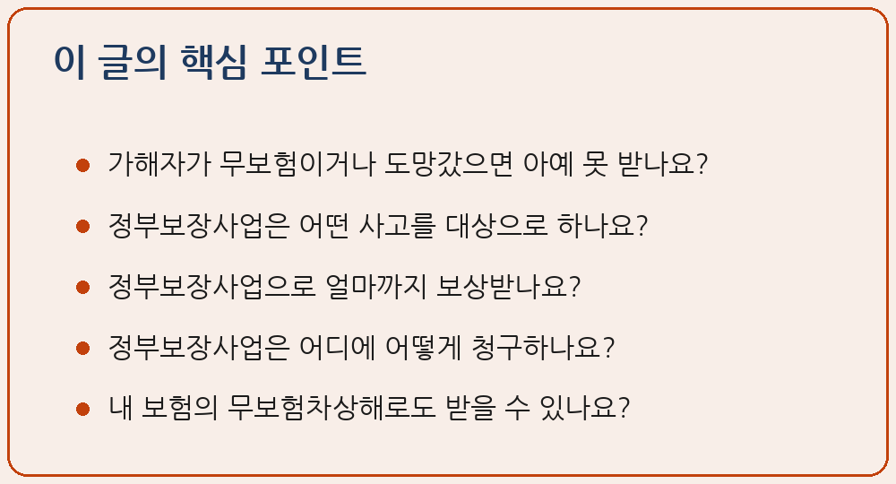 무보험 뺑소니 사고 정부 자동차손해배상 보장사업 보상 이 글의 핵심 포인트 요약 이미지